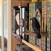 Crow Bookend, Decorative Branch Crow Bookshelf Decor, Gothic Home Office Desk Decoration, Unique Bookend For Book Lovers, Sturdy Plastic Black Crow Statue - A - View 3