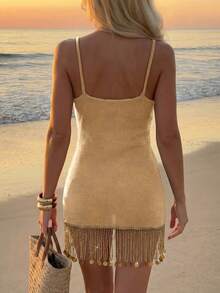 Sultry Sol Women's Summer 2026 New European & American Fashion Starfish Decor Tassel Design Beach Vacation Sleeveless Cover-Up Short Dress Elegant - Khaki - View 6