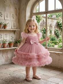 Vestido de novia lindo con lazo y tul para niñas bebé, adecuado para fiesta de cumpleaños, diadema no incluida - Rosa vieja - Ver 2