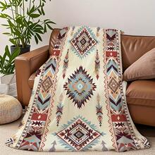 1PC Bohemian Geometric Feather Print Flannel Throw Blanket, Decorative Blanket For Living Room, B&B, Sofa, Nap - Multicolor - View 9