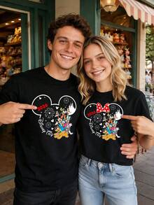 Retro Line Mickey Head 2026 Disney Family Fireworks Couple Short Sleeves, Simple Atmosphere Clock In Top - Women's - Black - View 1