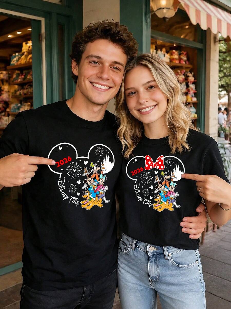 Retro Line Mickey Head 2026 Disney Family Fireworks Couple Short Sleeves, Simple Atmosphere Clock In Top - Women's - Black - View 1