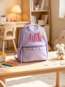 1pc Customized Name Macaron Striped Pink Girly Backpack, Portable Lightweight Travel Student Bag, Embroidered Name Back To School Gift, Personalized Gift - Multicolor - View 5