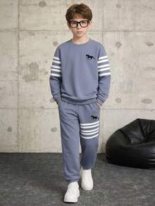 Boys' Spring/Autumn 2-Piece Set, Striped Pony Print Crew Neck Long Sleeve Top With Matching Jogger Sweatpants, Suitable For School And Outdoor Activities - Blue - View 3