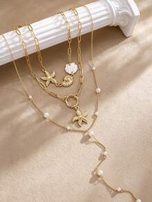 3pcs/Set Fashion Minimalist Elegant Vacation Style Women's Necklace Set With Shell And Faux Pearl Elements, Suitable For Daily Wear, Party, Vacation, Date, Commute, Perfect Gift For Family And Girlfriend On Holidays - Gold - View 2