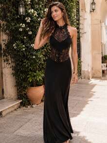 Maxi Lace Halter Dresses For Women Black Bodycon Sheer Mermaid Dress Summer - Black - View 2