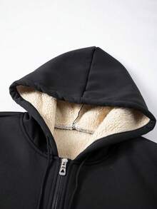 Men's Winter Cashmere Lined Hooded Jacket, Large Pockets And Print Design, Drawstring Hood Full Zip Cardigan Jacket, Fashion Streetwear - Black - View 4