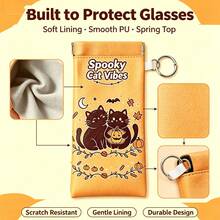 Women Halloween Cat Print Soft Glasses Case, Lightweight Glasses Pouch Built-In Cleaning Cloth Hangable Ring Daily Eyeglass Lens Care Bag - Multicolor - View 5