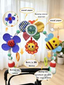 1pc Adjustable Multi-Function Baby Stroller Hanging Arch Toy For Boys And Girls, Includes Colorful Beads Rattle, Crinkle Paper, Squeaker, Flapping Wings Bee And Pull String Rotating Windmill, Sensory Toy For Newborn Baby Gift - Multicolor - View 10