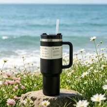 ESTANLEY/40Oz Tasse isotherme H2.0 avec poignée, tasse à eau en acier inoxydable à double paroi sous vide, vaisselle de boisson d'été premium, bouteille isotherme portable à main, tasse de voyage, tasse à café glacé, convient pour le camping en plein air, la randonnée, la conduite, les voyages, choix de cadeau parfait - Multicolore - Voir 4