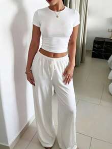 Women's White Crew Neck Short T-Shirt And High Waist Wide Leg Pants Casual 2 Pieces Set, Medium Stretch, Suitable For Summer - White - View 2