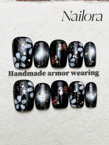 10 piezas de uñas acrílicas cuadradas hechas a mano para pegar, uñas cortas negras con purpurina, flores pintadas a mano, efecto ojo de gato, gemas de uñas y strass, uñas de verano, arte de uñas postizas DIY para fiesta, uso diario, citas, graduación, vacaciones, atuendos para mujer y niña, regalo, suministros de uñas - Negro - Ver 11