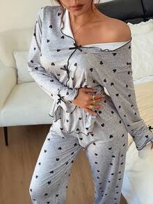 Dreamivo Ruched V-Neck Patchwork Heart Print Long Sleeve Top + Long Pants 2 Pieces Set - Multicolor - View 6