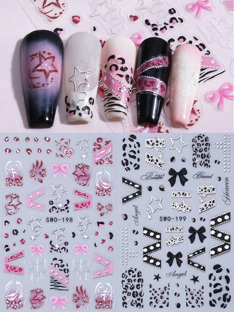 2pcs 3D Y2K Style Nail Stickers, 5D Embossed Pink Leopard Print Bow & Black Cow Print Curved Border Gothic Design, Self-Adhesive Nail Art Decals For DIY Nail Decoration - Multicolor - View 9