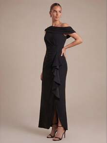 EVERPRETTY Elegant Asymmetrical Shoulder Ruffle Mermaid Black Mid-Length Evening Dress, Suitable For Formal Occasions, Evening Parties, Weddings, Guest Dress - Black - View 4