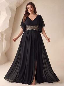 UNITHORSE Plus Size Bridesmaid Dress With Sequin Patchwork, Ruffle Hem And Side Slit, Chiffon - Black - View 1