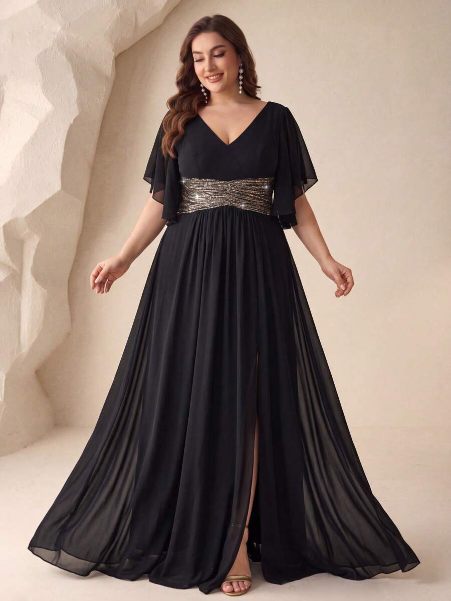 UNITHORSE Plus Size Bridesmaid Dress With Sequin Patchwork, Ruffle Hem And Side Slit, Chiffon - Black - View 1