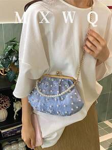 Pearl Chain Fashion Clasp Handbag For Daily Use, Dating, Evening Party, Crossbody Bag - Blue - View 1