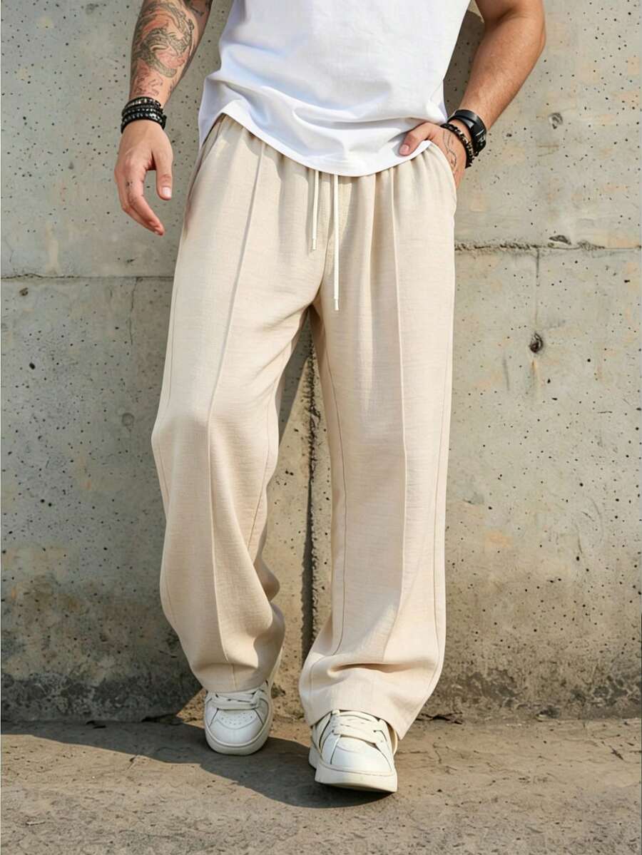 Men's Textured Center-Seam Wide-Leg Long Pants, Loose Fit Outdoor Hiking Jogging Fitness Sports Pants, Spring/Autumn - Apricot - View 1