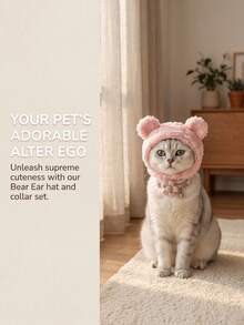 4pcs/Set Plush Bear Ear Pet Hat 2pcs + Flower Bell Collar 2pcs, Cute Photo Props Accessory Set For Cats And Dogs - Multicolor - View 4