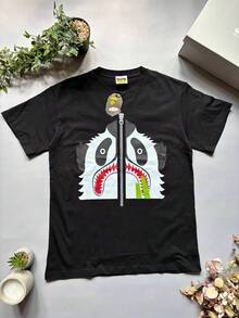 Panda Zipper And Monkey Print Classic T-Shirt For Spring/Summer, Suitable For Both Men And Women. - 黑色 - 查看 1