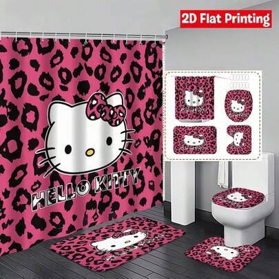 Juego de baño de 4 piezas Sanrio Hello Kitty con estampado de leopardo, adecuado para baño y habitación de invitados, fácil de instalar y material duradero (2 piezas X tamaño, 1 pieza X tamaño cubierta de tapa de inodoro, 1 pieza X tamaño cortina de ducha)