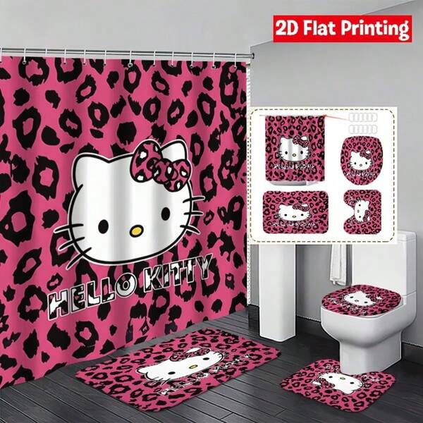 4pcs Set Perlengkapan Kamar Mandi Sanrio Hello Kitty Motif Leopard, Cocok Untuk Kamar Mandi Dan Kamar Tamu, Mudah Dipasang Dan Bahan Tahan Lama (2pcs Ukuran X, 1pc Penutup Toilet Ukuran X, 1pc Tirai Mandi Ukuran X)