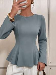 Women's Knitted Long Sleeve Top, Ruffle Hem, Round Neck, Regular Sleeve, Flared Hem, Suitable For Autumn Wear. - Grey - View 5