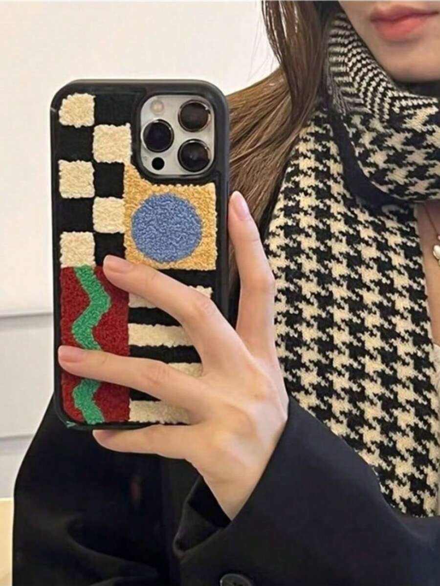 Apple Vintage Autumn/Winter Ins Style Plush Embroidered Geometric Pattern Phone Case Compatible With Iphone 14 Pro Max, IPhone 13, 12 Pro, X, XS, XR, 11, 16 Pro Max, 15 Waterproof Shockproof Anti-Fall Scratch Resistant - Black and White - View 1