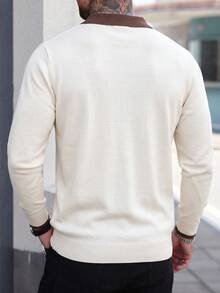 Men's Patchwork Slim Fit Regular Shoulder Airplane Collar Knit Long Sleeve Polo Shirt Contrast Color Turn Collar Sweater Warm Autumn/Winter New Style - Apricot - View 8