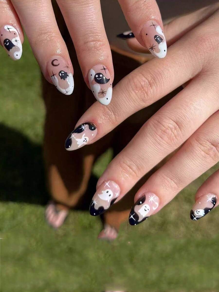 24pcs Short Round Press-On Nails, White & Black, Short Ghost & Moon Design, Halloween Nails - 彩色 - 查看 1