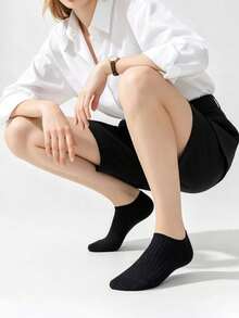 5/15 Pairs Women's Solid Color Vertical Stripe Invisible Boat Socks, All-Match Minimalist Low-Cut Non-Slip No-Slip Heel Commuter Versatile Short Socks. 3-Color Series - Multicolor - View 2