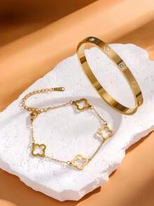 2Pcs/Set Stainless Steel Women's Lucky Clover And Heart Bracelet Set Shiny Zirconia Charm Party Jewelry Gift - Gold - View 4