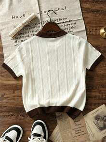 Suéter POLO de manga corta con cuello de contraste y tejido de punto jacquard calado para niños - Albaricoque - Ver 4
