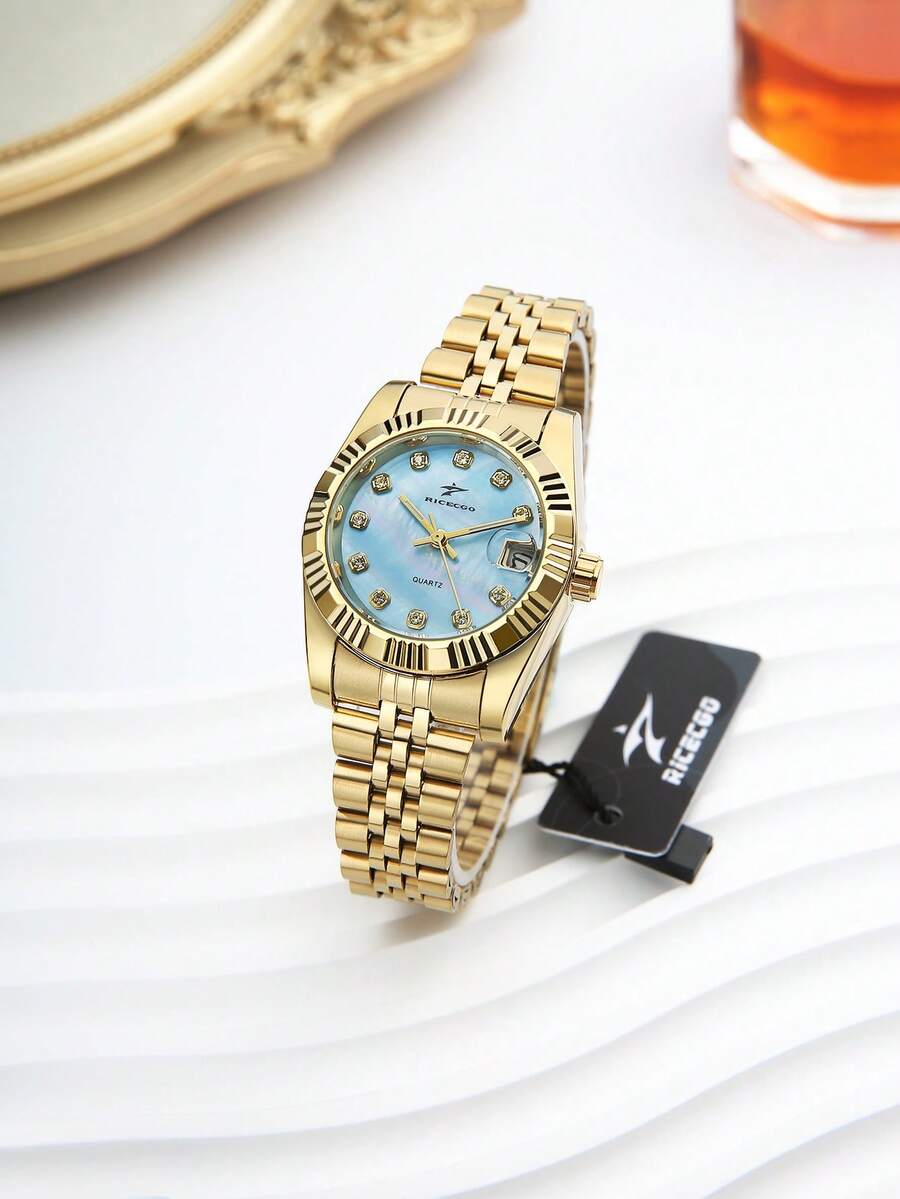 RICECGO This Fashionable Business Casual Women's Steel Band Quartz Watch Is Suitable For Parties, Celebrations, Weddings And Daily Wear - Gold - View 1