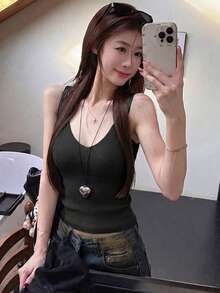 性感風女款 V 領針織背心，夏季內搭外穿百搭短版無袖打底上衣，黑色 - 黑色 - 查看 7