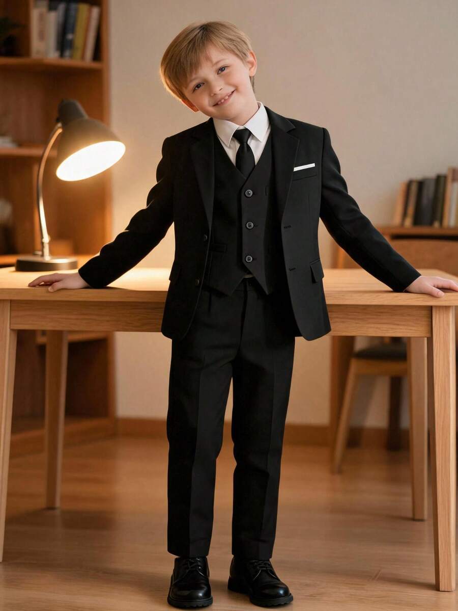 4pcs Boys Suit Set Including Tailcoat, Formal Wear, Pageboy Outfit, Wedding Suit Jacket, Vest, Pants And Tie, Black, Size 4-16 Years - Black - View 1