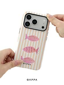 GIIPPA 1件淺橘色條紋背景配粉色魚紋設計手機殼，適用於Phone 17 Pro Max，兼容Phone 16 Pro Max、15 Pro Max、14 Pro Max，韓系高端時尚趣味手機殼，兼容11/12/13/14/15/16 Pro Max Plus，優雅設計男女皆宜，聖誕節、情人節、復活節、婚禮季與生日送女友的完美禮物！ - 橘色 - 查看 6