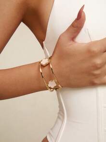 Altistry 1pc Elegant Lucky Clover Double-Line Design Opening Bangle For Women - White - View 7