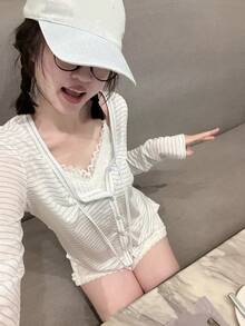 Women's Elegant Casual Striped V-Neck Cardigan Jacket, Autumn Sun Protection Top - Blue - View 3