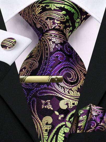 Bộ phụ kiện trang trí cà vạt, khăn cài túi, khuy măng sét và kẹp cà vạt họa tiết Paisley màu tím nổi bật cho trang phục khách mời tiệc gala sân khấu và đám cưới