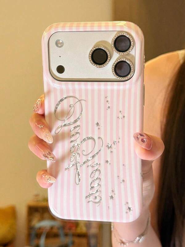 1 pièce Coque de téléphone PC à rayures roses et pêche IMD à couverture complète antichoc compatible avec Apple 11 Pro Max/12 Pro Max/13 Pro Max/14 Pro Max/15 Pro Max/16 Pro Max/17 Pro Max