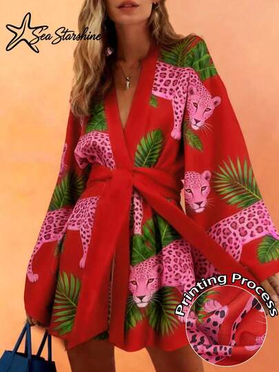 Sea Starshine Nueva Camisa Casual y Cómoda para Mujer, Estampado de Leopardo con Cinturón, Adecuada para Viajes y Té de la Tarde
