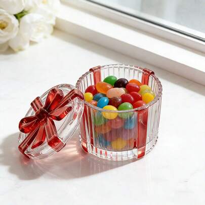 Recipiente de cristal para caramelos con tapa, tarro para caramelos con lazo rojo, tarro transparente para caramelos, tarro decorativo de cristal con tapa, joyero, tarro para aperitivos y galletas, ideal para cumpleaños, el Día de la Madre, San Valentín y como regalo de Navidad