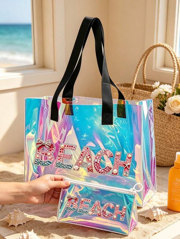 Túi tote đi biển PVC trong suốt laser holographic, dung tích lớn, chữ đi biển + túi đựng khóa kéo họa tiết phối hợp, chống nước, chống cát, dễ vệ sinh, đựng được đồ bơi, khăn tắm, kem chống nắng, mỹ phẩm, phù hợp cho du lịch biển, tiệc hồ bơi, cắm trại, dã ngoại, chuyến đi ngắn, lý tưởng cho học sinh, mẹ, phụ nữ trẻ, quà tặng hoàn hảo cho Thất Tịch, sinh nhật, lễ hội mùa hè, dùng được làm túi đựng đồ vệ sinh cá nhân, túi mua sắm, túi sắp xếp du lịch, mùa tốt nghiệp, tựu trường, Ngày Nhà giáo