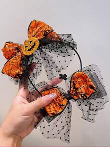 1/2pcs Pumpkin Black Mesh Headband & Hair Clip Set, Girls Hair Accessories For Halloween, Cosplay, Party, Performance - Multicolor - View 4