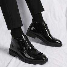 British Style Shiny Patent Leather High-Top Men's Lace-Up Soft Sole Business Commuter Boots, Versatile Casual Formal Ankle Boots For Workplace, Wedding And Everyday Wear - Black - View 3