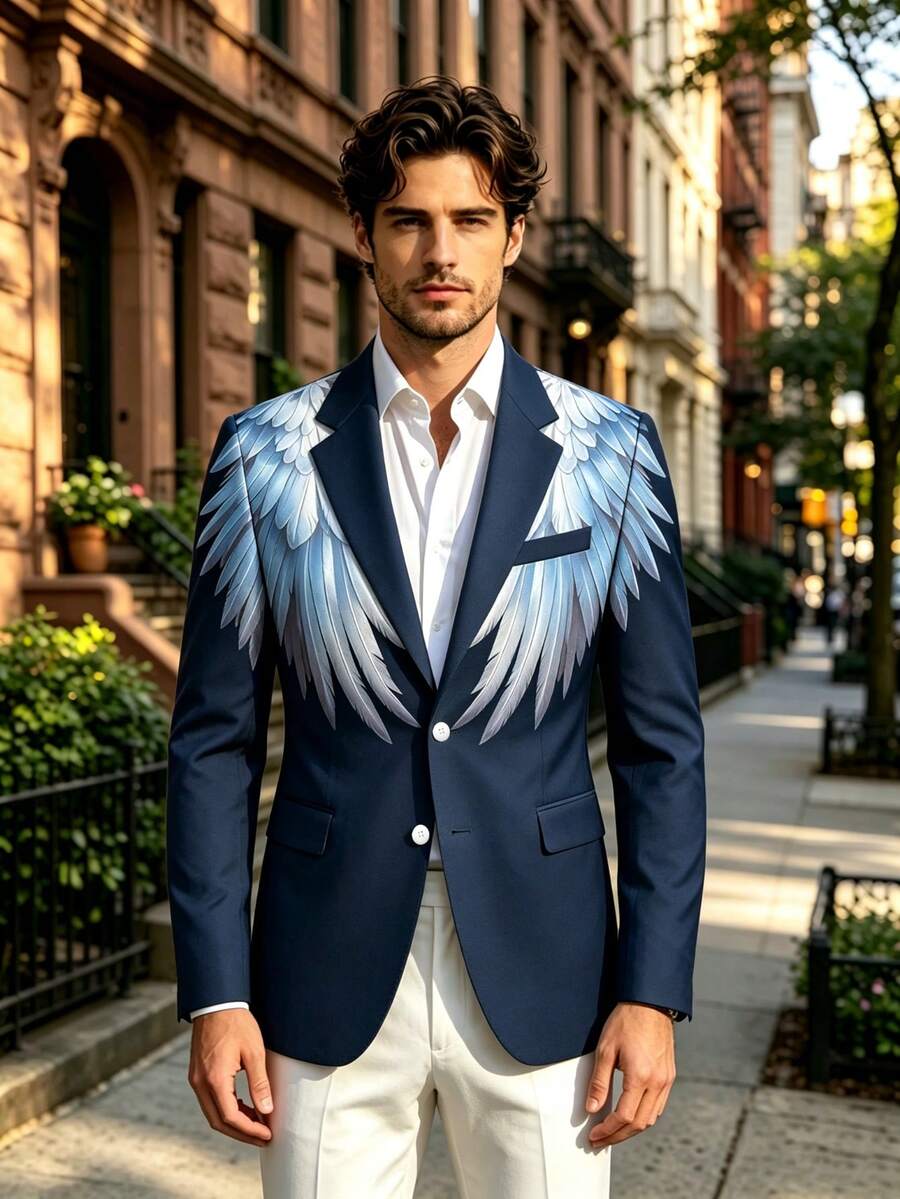 1pc Men's Gradient Wing Print Navy Blue Slim Fit Wrinkle-Resistant Luxury High-End Business Banquet Formal Blazer - Royal Blue - View 1