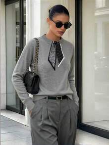 Women's Autumn/Winter Mixed Gray Crew Neck Knit Top With Paisley Print Scarf Tie, Commute Work Top - Grey - View 11