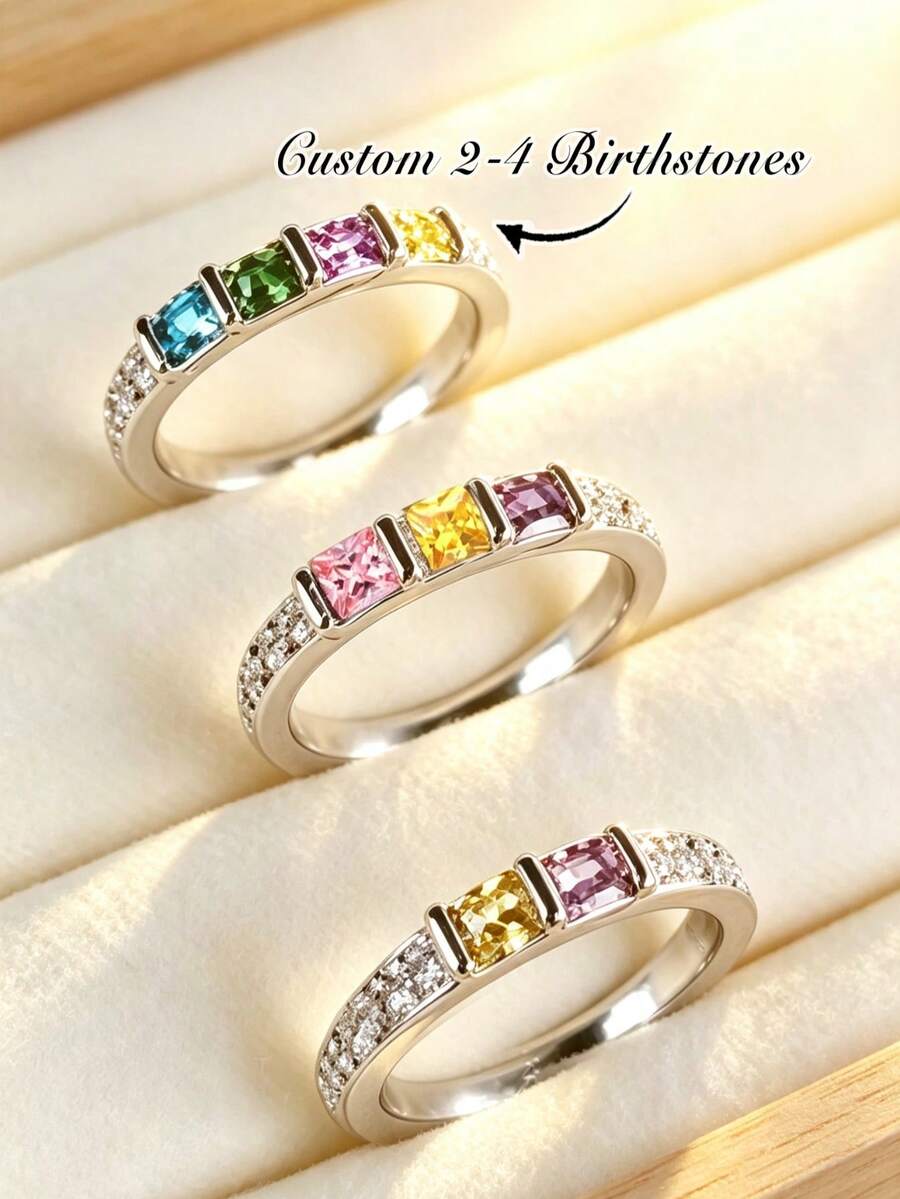 1pc Personalized Silver Birthstone Ring, Customized Mother's Exclusive Family Jewelry, Valentine's Day Gift, Mother's Day Gift, Customizable 2-4 Gemstones, Customized Jewelry Gift For Her, Exquisite Stackable Ring - Silver - View 1